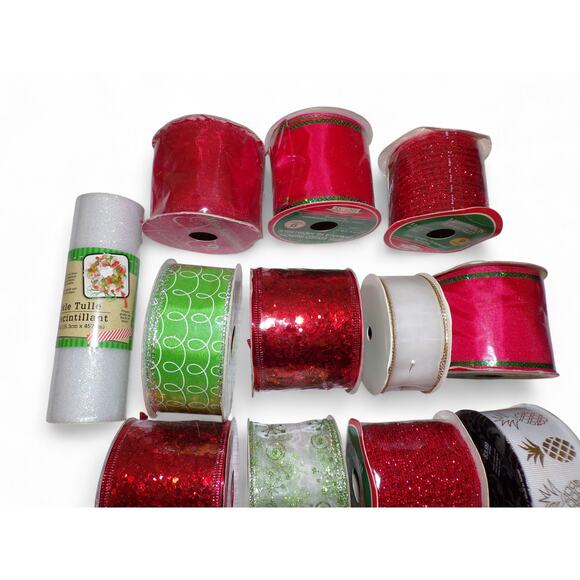 Christmas Winter (13) Ribbon Spool Lot Wire Edge Red Sequin Sparkle Tulle New - Picture 5 of 5